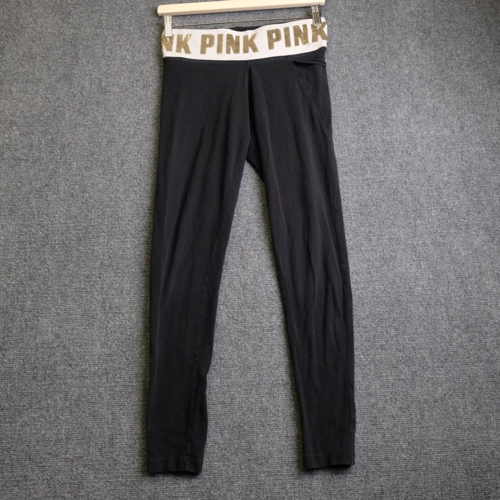 PINK Yoga Leggings Womens Small Black Gold Sequin Foldover Waist Activewear Pant